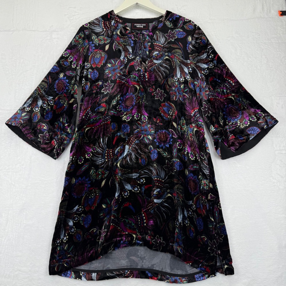 JOHNNY WAS WORKSHOP Black Floral Velvet Kimono‎ Dress Tie Front Size S